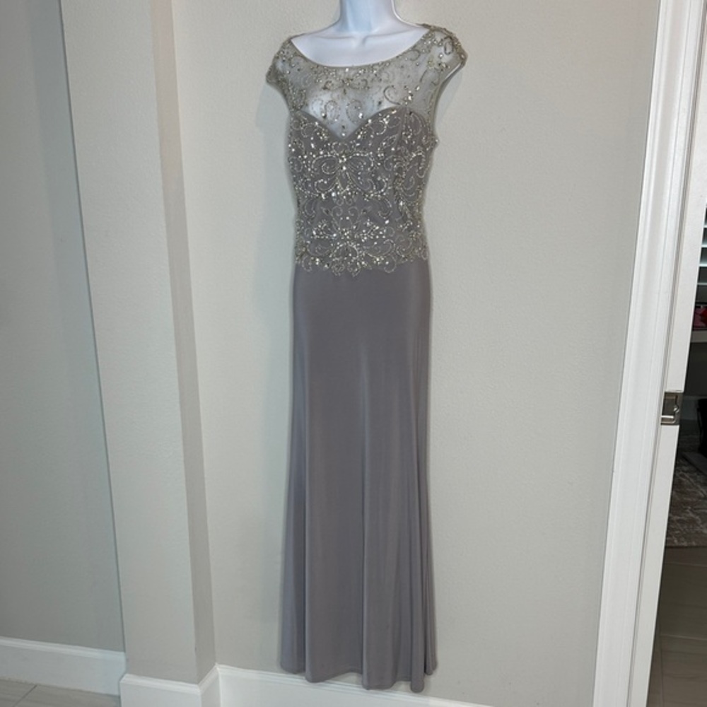 Christina Wu Taupe Embellished Illusion Cap Sleeve Maxi Dress